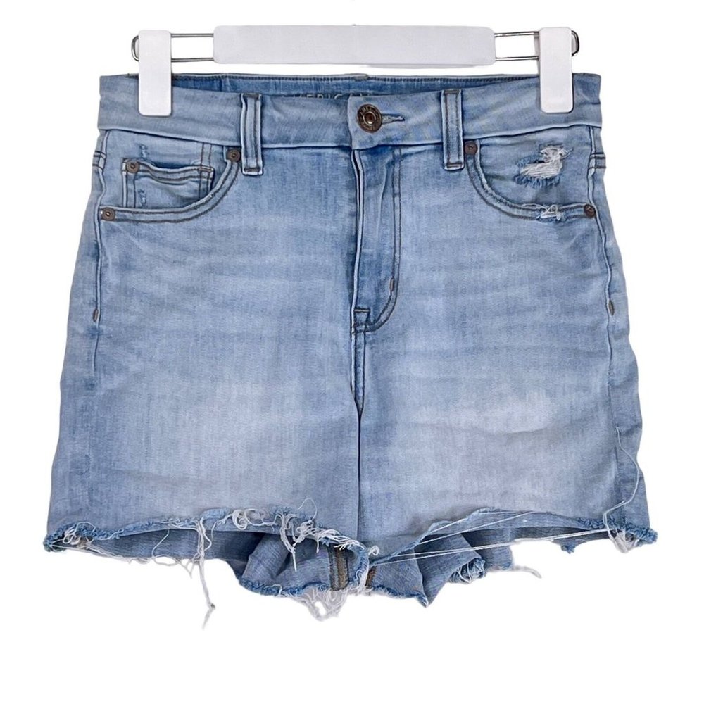 AE American Eagle Curvy Hi Rise Shortie Raw Hem Light Blue Denim Shorts Size 4 - Picture 1 of 8